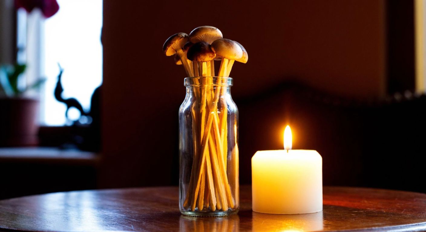 A slender glass bottle filled with decorative matches topped with mushroom-shaped heads, resting beside a flickering candle on a wooden table in a cozy Turkish home.