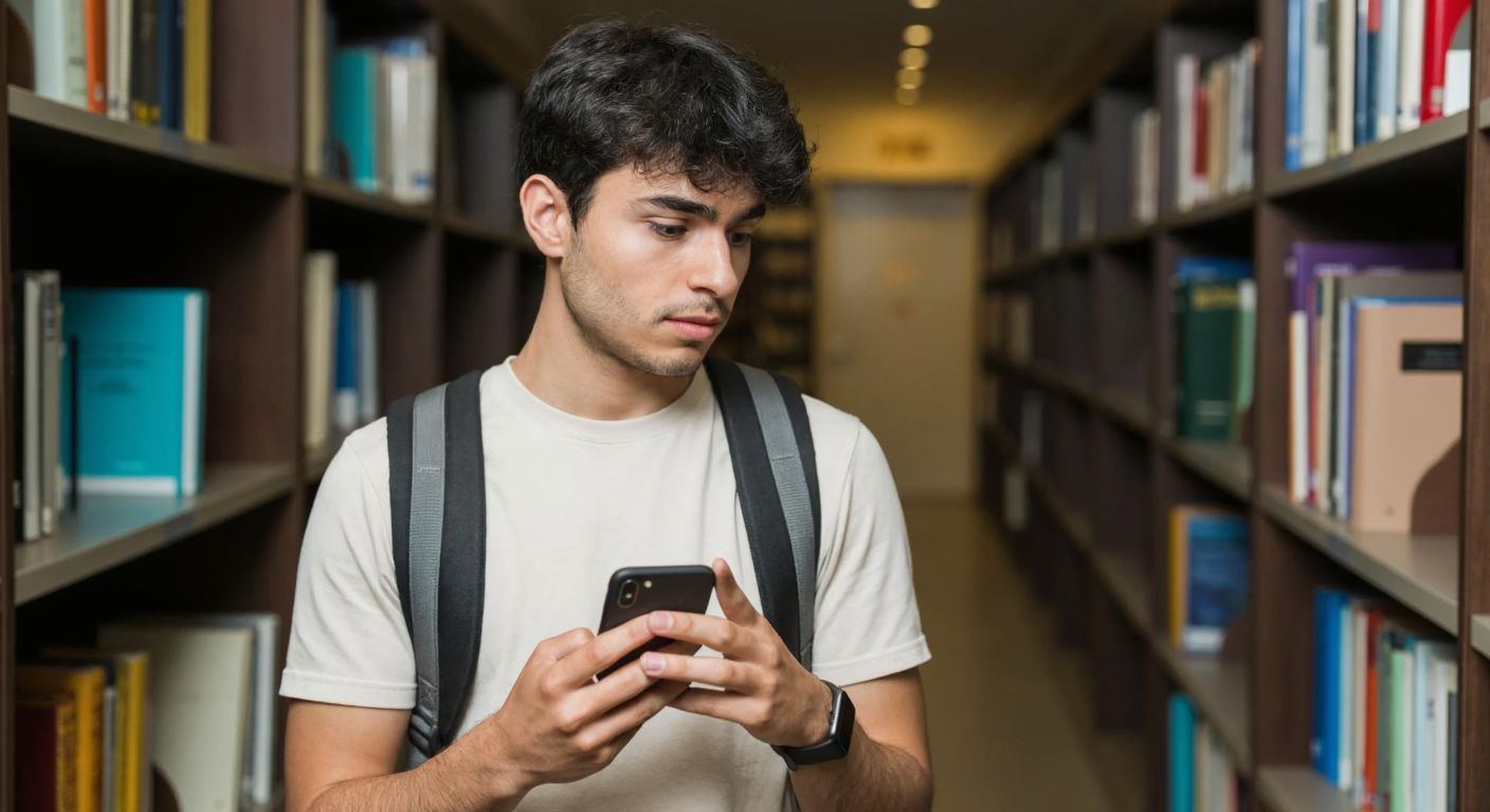A young Turkish student in a university library, wearing a backpack and holding a smartphone with the K365 app open, looking curious and focused while surrounded by books and academic materials.