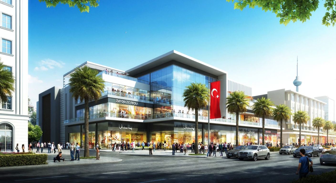 A modern shopping mall with glass facades and bustling crowds stands in a sunny urban district of Istanbul, surrounded by palm trees and Turkish flags.