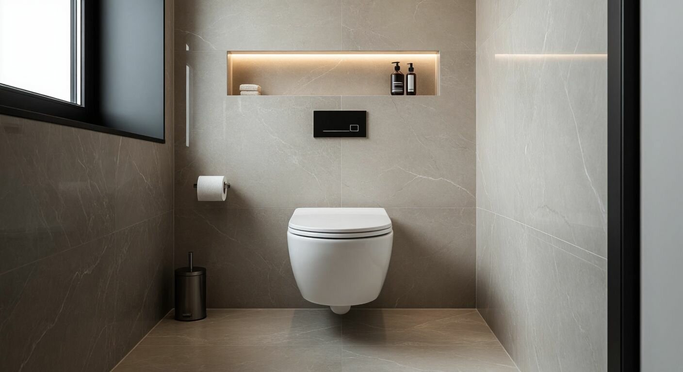 A sleek, modern Turkish bathroom with a wall-mounted toilet floating above a pristine marble floor, a hidden cistern embedded in the tiled wall, and minimalist fixtures, evoking cleanliness and contemporary design.