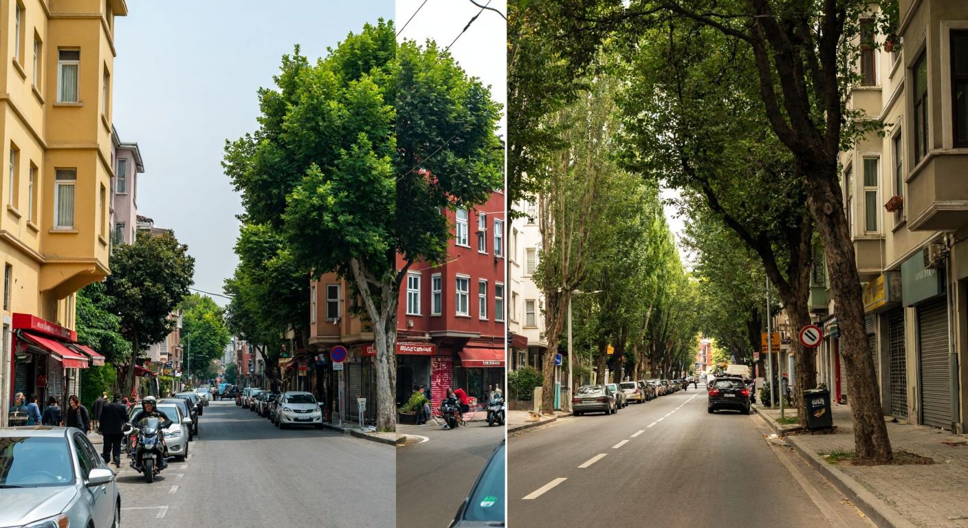 A split-screen image showing two distinct Istanbul neighborhoods—one with the bustling streets of Akşemsettin (left) and the other with the quieter, tree-lined roads of Kemerburgaz (right)—highlighting their unique atmospheres.