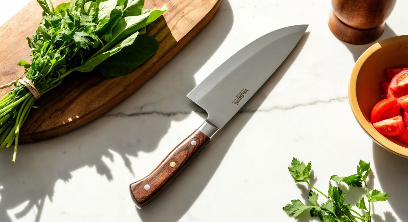 A gleaming chef's knife with a polished wooden handle rests on a marble countertop in a sunlit Turkish kitchen, surrounded by fresh herbs and a bowl of diced tomatoes.