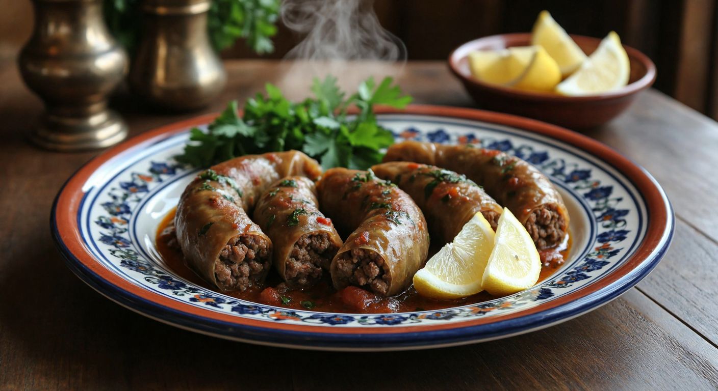A steaming plate of Malatya bumbar dolması, made with minced meat, resting on a traditional Turkish ceramic plate beside fresh parsley and lemon wedges, evoking warmth and regional culinary pride.