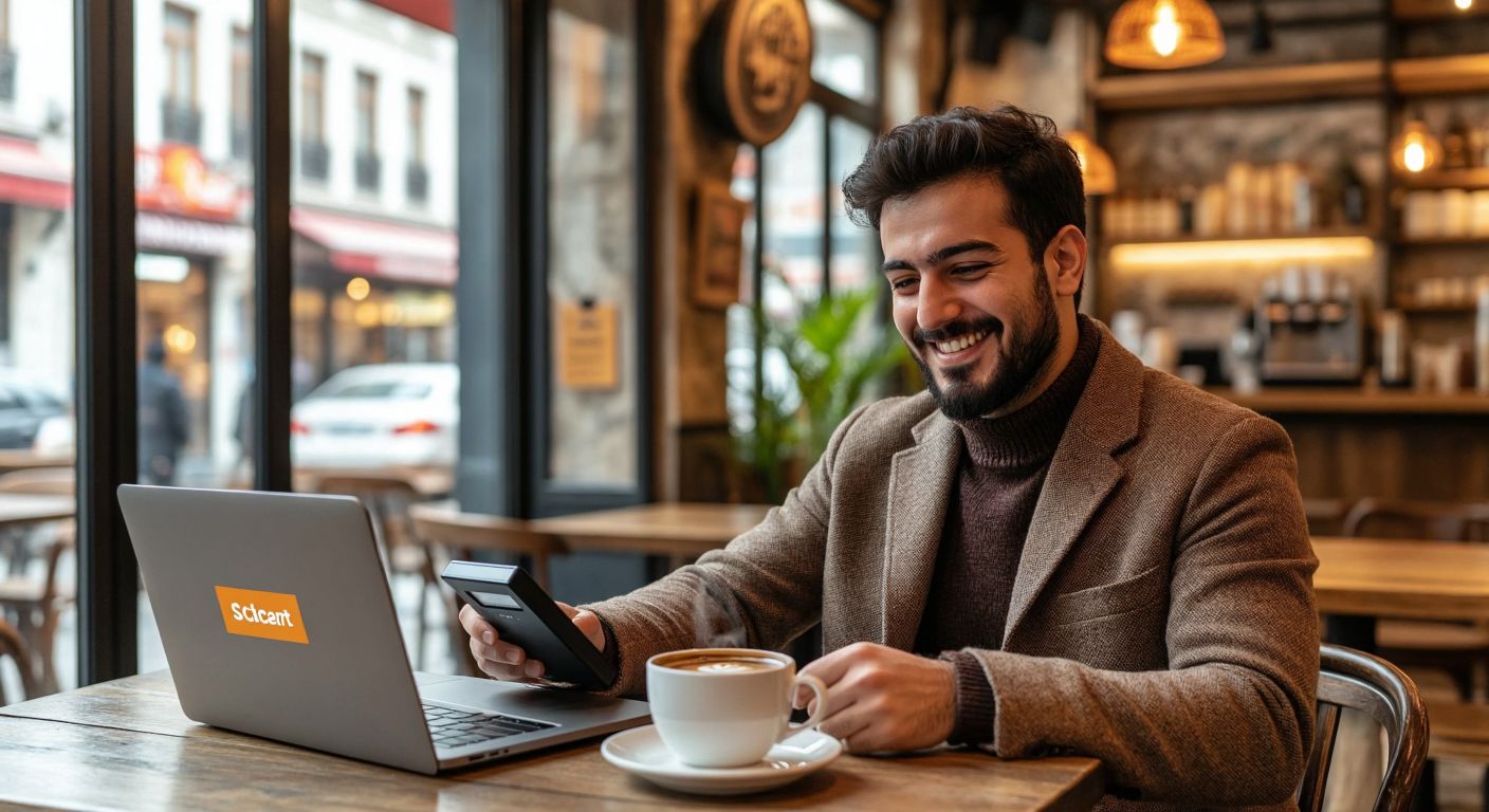 A modern Turkish entrepreneur in a cozy Istanbul café smiles while tapping a sleek card reader, with a laptop displaying a secure online checkout page beside a steaming cup of Turkish coffee.