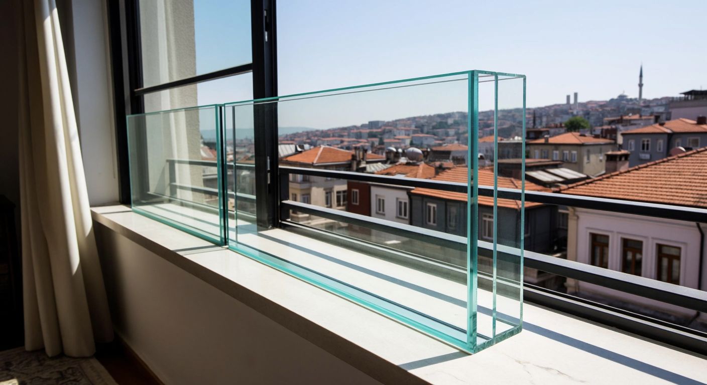 A close-up of two thick glass panes (4mm and 6mm) separated by a 16mm air gap, resting against a sunlit Turkish balcony with a view of Istanbul’s rooftops in the background.