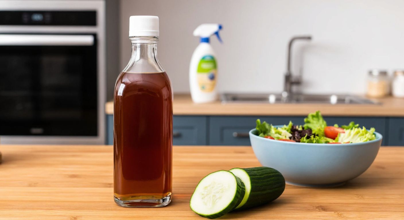 A glass bottle of amber-colored vinegar sits on a wooden kitchen counter next to a sliced cucumber and a bowl of fresh salad, with a spray bottle of disinfectant subtly placed in the background.