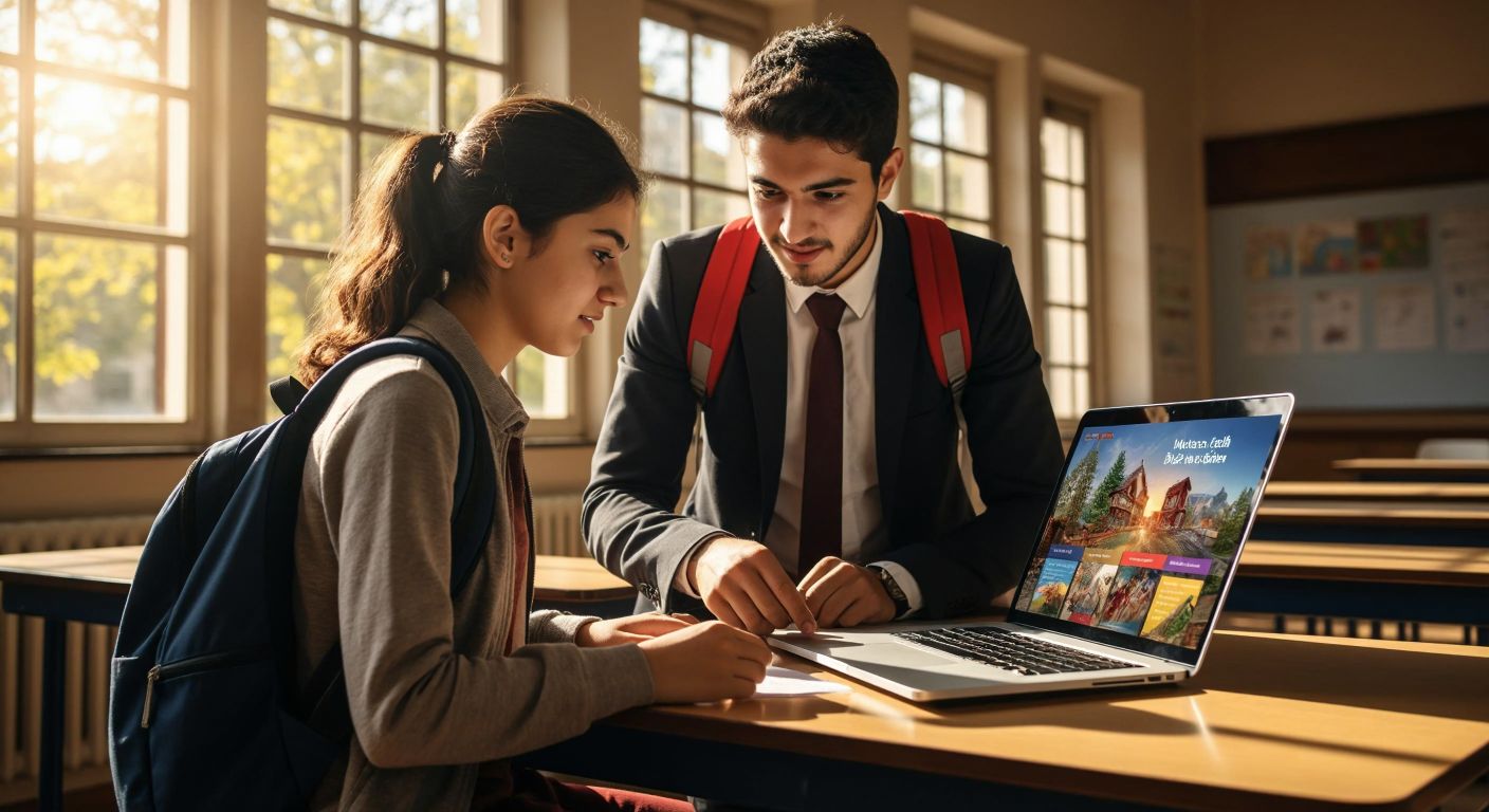 A focused Turkish student with a backpack sits at a wooden desk in a sunlit classroom, browsing an open laptop displaying colorful educational book covers, while a teacher in formal attire points helpfully at the screen.