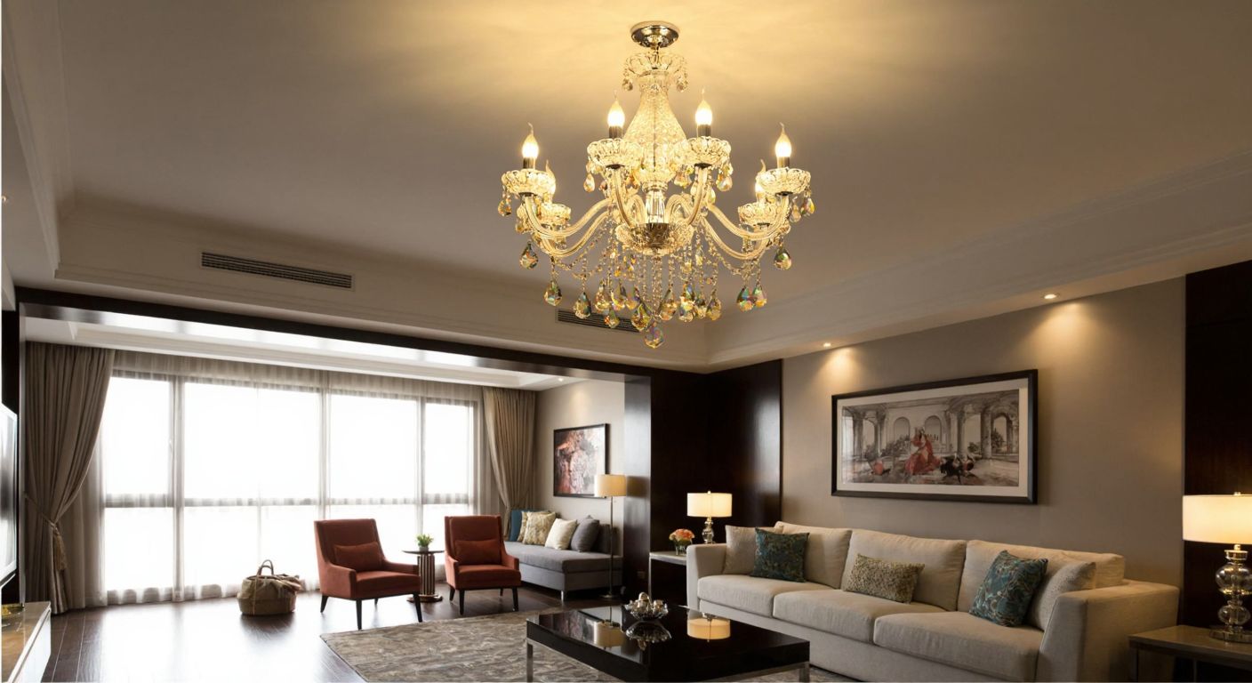 A modern Turkish living room with a beautifully crafted crystal chandelier hanging from the ceiling, casting warm light over a cozy seating area where a family admires its elegant design.