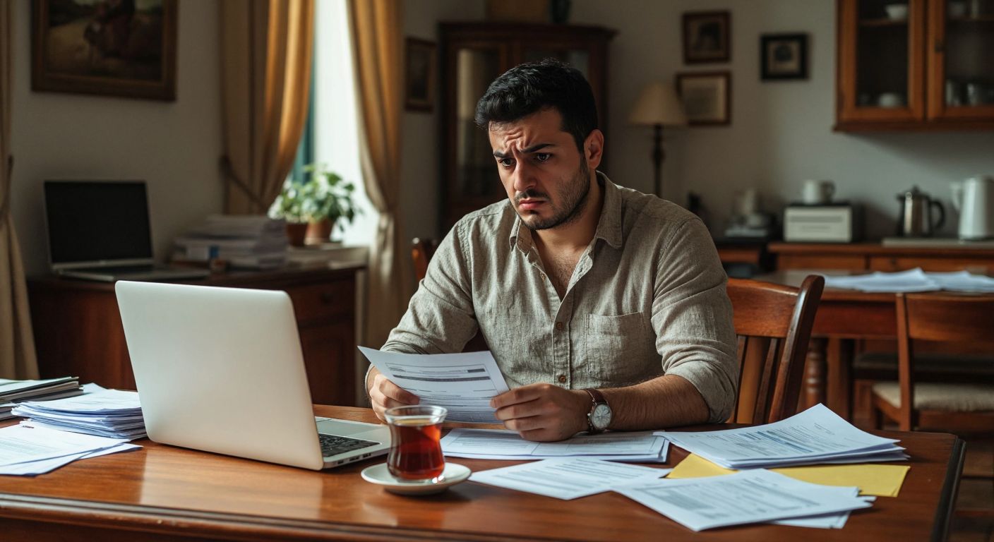 A Turkish man in a casual shirt sits at a wooden desk with a laptop open, frowning slightly while holding a car registration document, surrounded by scattered papers and a steaming cup of Turkish tea.