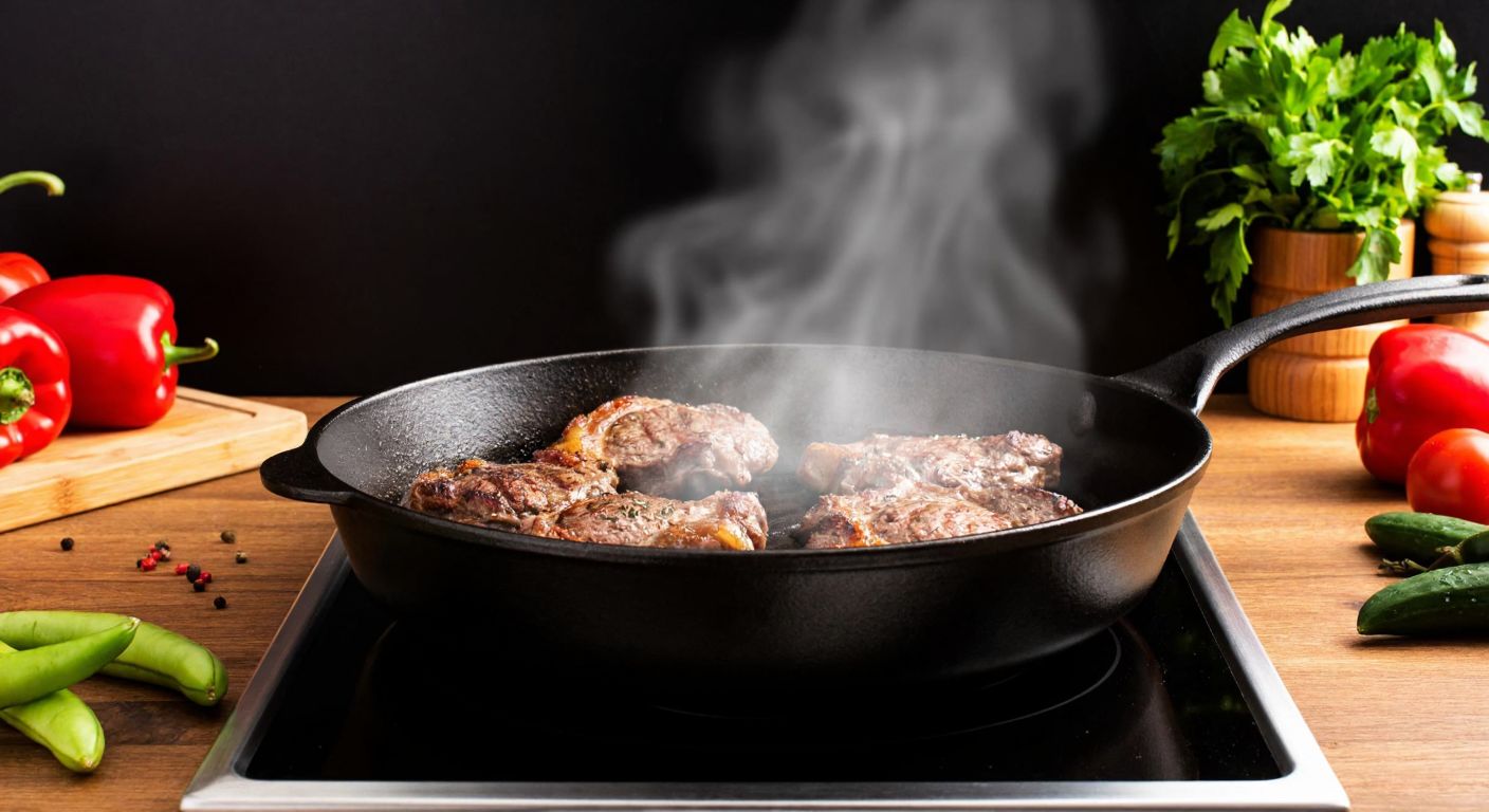 A sturdy cast iron pan with a glossy black surface sits on a stove, steam rising from sizzling meat inside, surrounded by fresh vegetables and herbs on a rustic wooden counter in a Turkish kitchen.