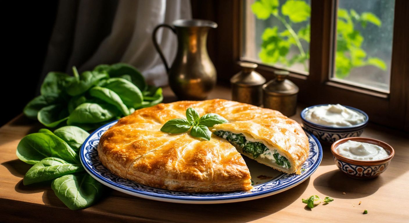 A golden, flaky glutensiz börek sits on a traditional Turkish ceramic plate, surrounded by fresh spinach leaves and a bowl of creamy yogurt, with warm sunlight streaming through a rustic kitchen window.