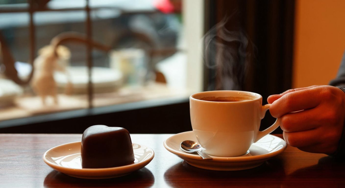 A warm, inviting café scene in Turkey with a barista presenting a heart-shaped chocolate on a small plate beside a steaming cup of coffee, evoking romance and elegance.
