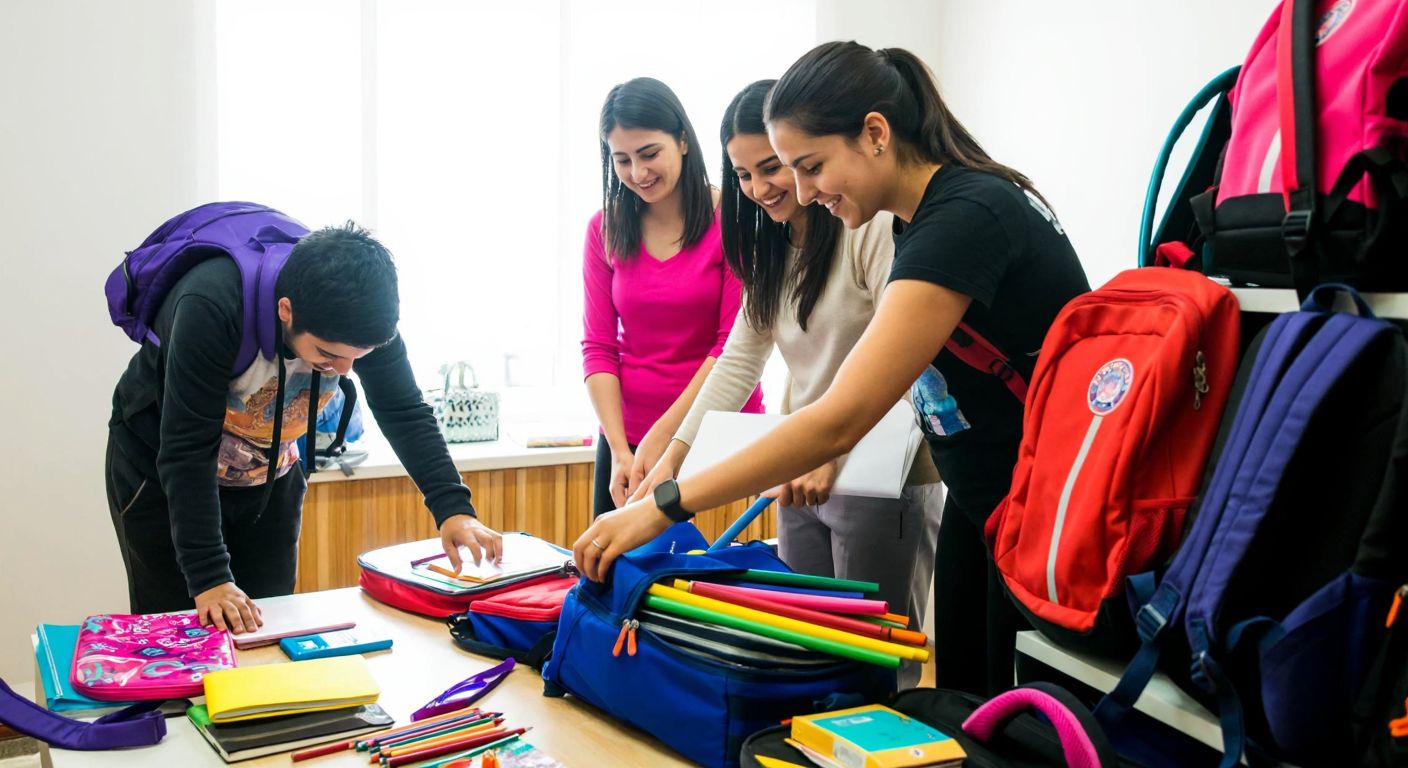 A group of smiling volunteers in Istanbul carefully packing colorful school bags with notebooks, pencils, and crayons, while a stack of filled backpacks waits nearby for distribution to eager children.