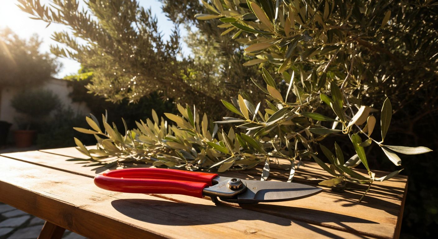 A sturdy pair of **İzeltaş pruning shears** with a gleaming steel blade rests on a wooden table in a sunlit Turkish garden, surrounded by freshly cut olive branches.