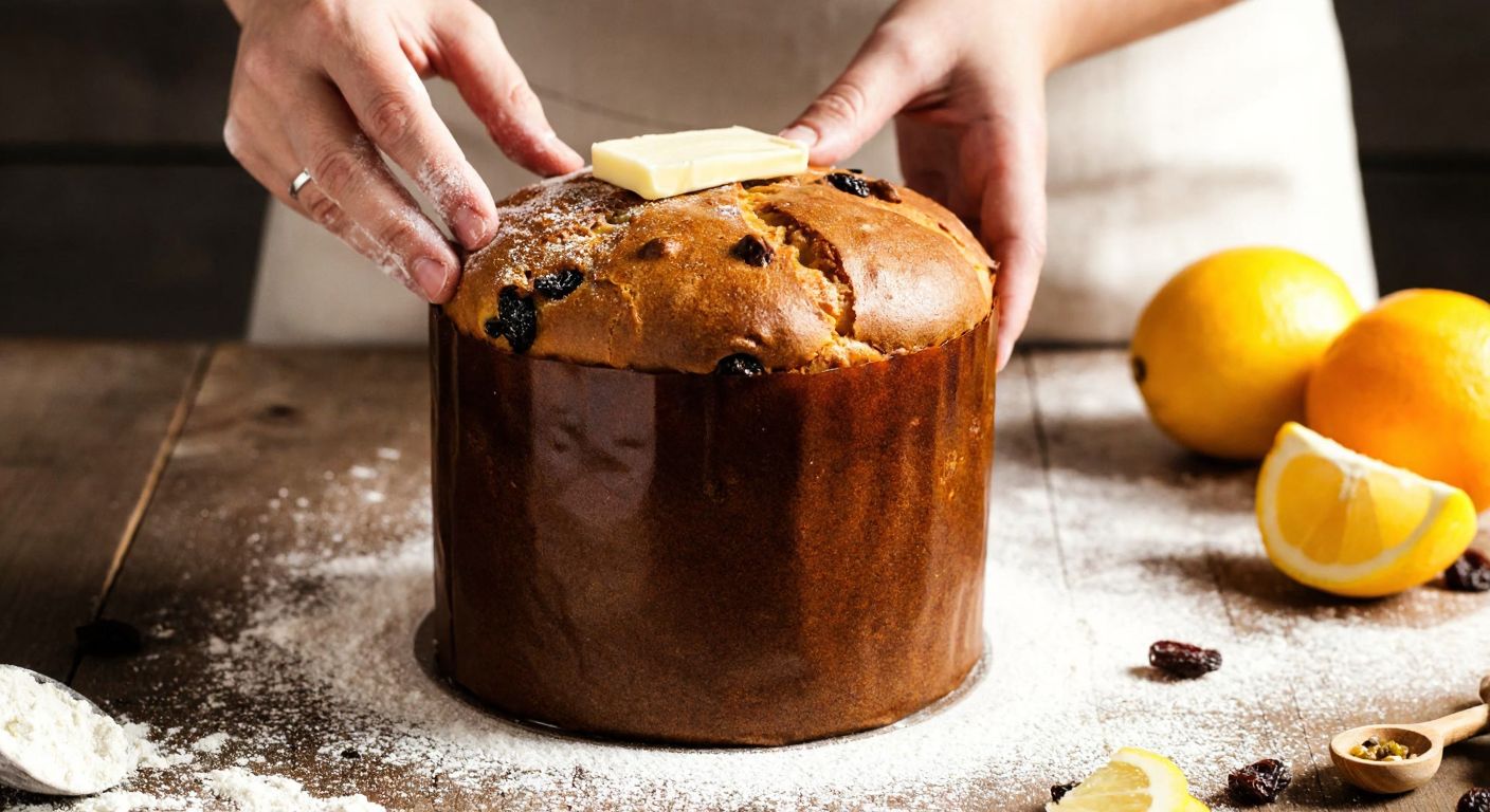 A warm, golden-brown panettone cake sits freshly baked in a tall, cylindrical mold on a rustic wooden table, surrounded by scattered flour, citrus peels, and raisins, with a pair of hands dusted in flour gently placing a pat of butter on its cracked top.