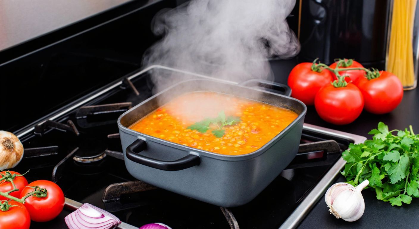 A steaming square pot sits on a stove, filled with vibrant lentil soup, surrounded by fresh ingredients like tomatoes, onions, and herbs, evoking the warmth of a Turkish kitchen.
