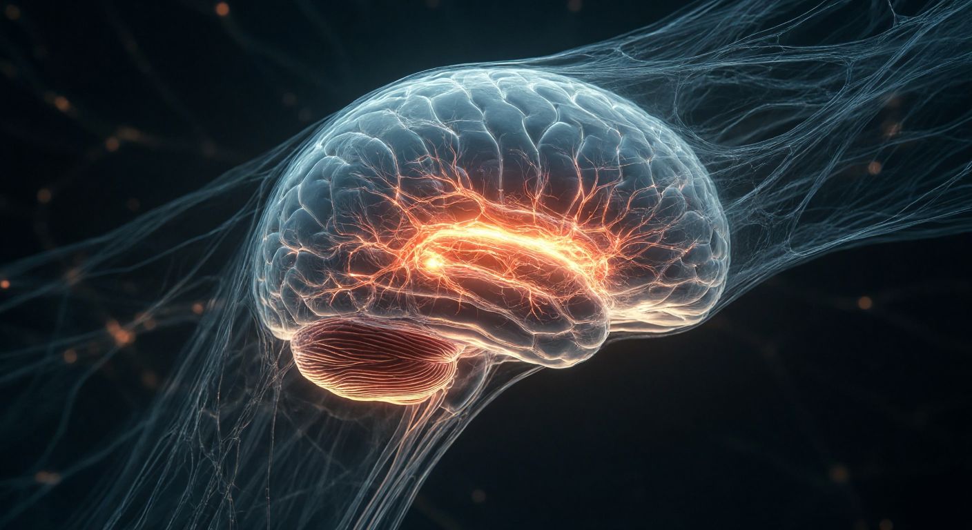 A translucent, delicate membrane wrapping protectively around a glowing brain, with tiny blood vessels branching across its surface like delicate threads.