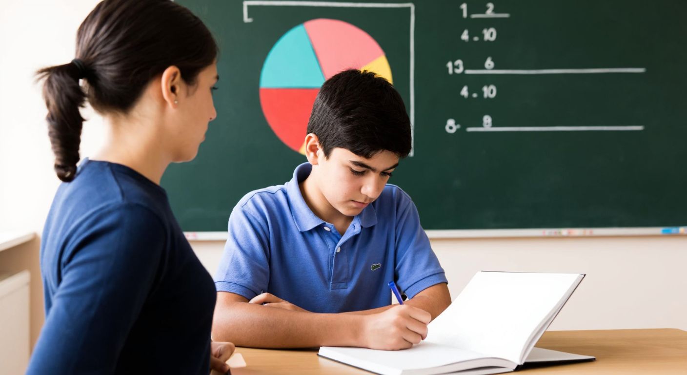 A Turkish middle school student in a classroom, intently studying a notebook filled with fraction problems while a teacher points to a chalkboard displaying a series of pie charts and number lines.