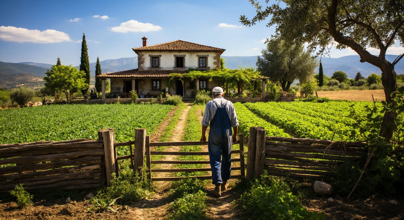 A rustic farmhouse in Urla with lush green fields, a traditional Turkish farmer in overalls tending to crops, and a signless wooden gate leading to the property.