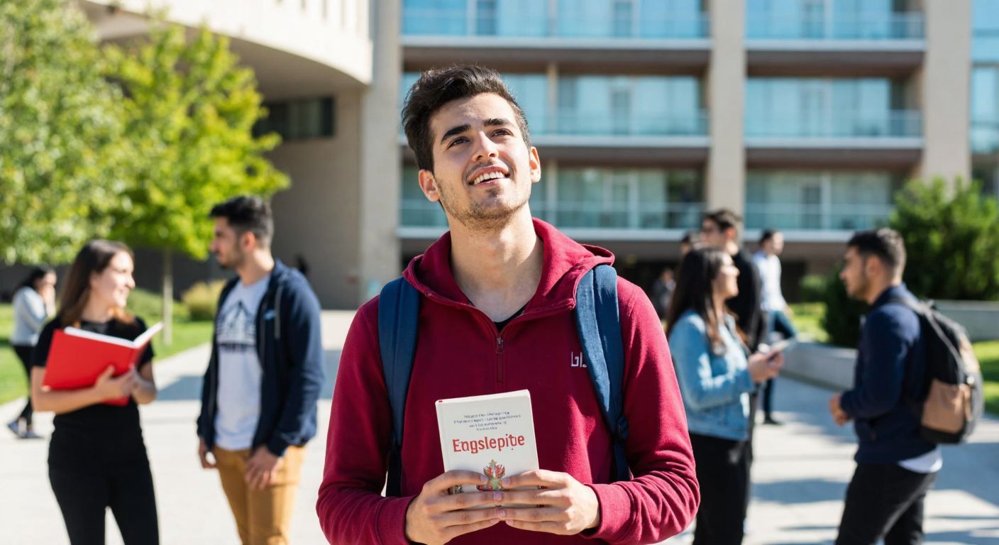 A young Turkish student with a hopeful expression stands in front of Hacettepe University’s modern campus, holding an English textbook while surrounded by classmates engaged in lively discussion.