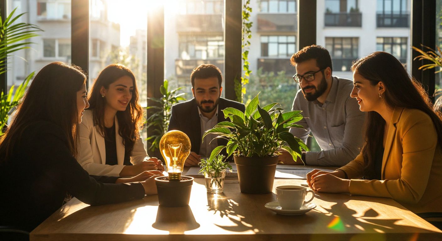 A group of diverse Turkish professionals in a sunlit office, passionately collaborating around a table with a vibrant potted plant, a steaming cup of Turkish coffee, and a glowing lightbulb symbolizing shared energy and purpose.