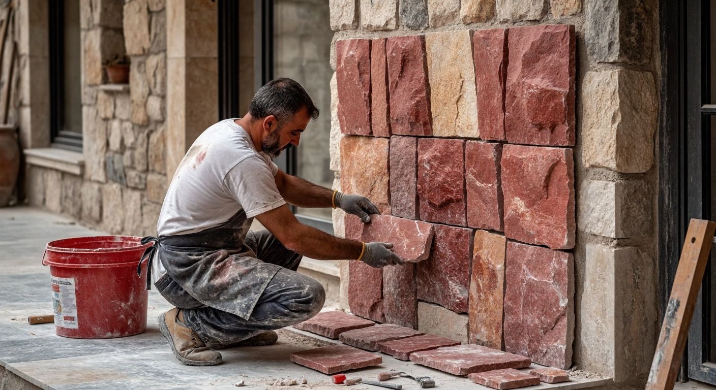 A Turkish craftsman in a dusty apron carefully arranges vibrant red natural stones on a prepared wall, with scattered tools and a bucket of adhesive nearby.