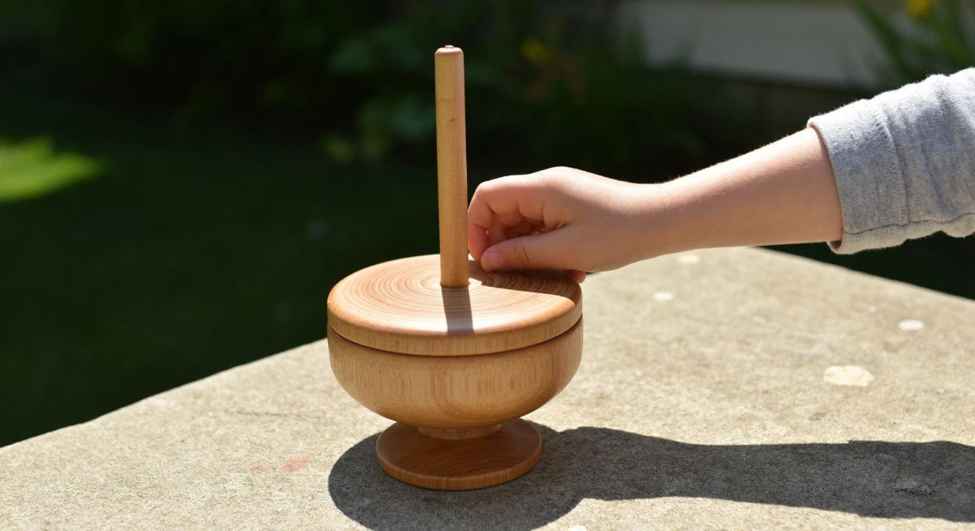 A wooden spinning top with a smooth, symmetrical base spins rapidly on a flat stone surface in a sunlit courtyard, while a child’s hands carefully adjust the thick, tightly wound string before release.