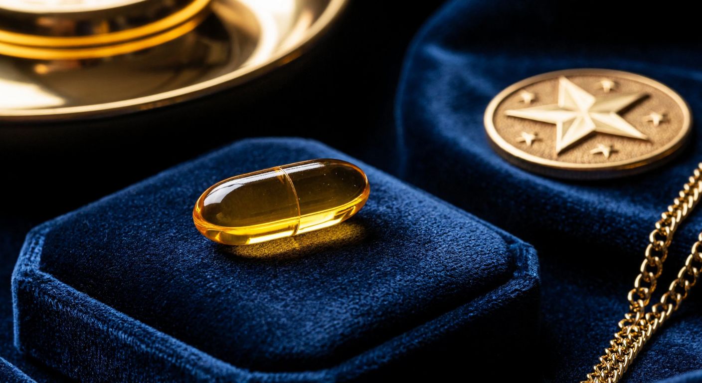 A gleaming golden fish oil capsule rests on a deep blue velvet cushion beside a five-star medallion, symbolizing purity and premium quality.
