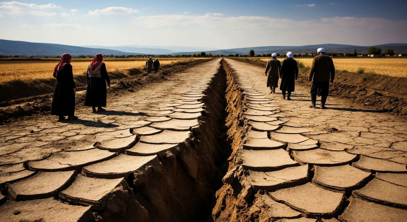 A cracked, arid landscape in Balıkesir with a visible fault line splitting the earth, surrounded by anxious villagers in traditional Turkish clothing gazing at the fissure.