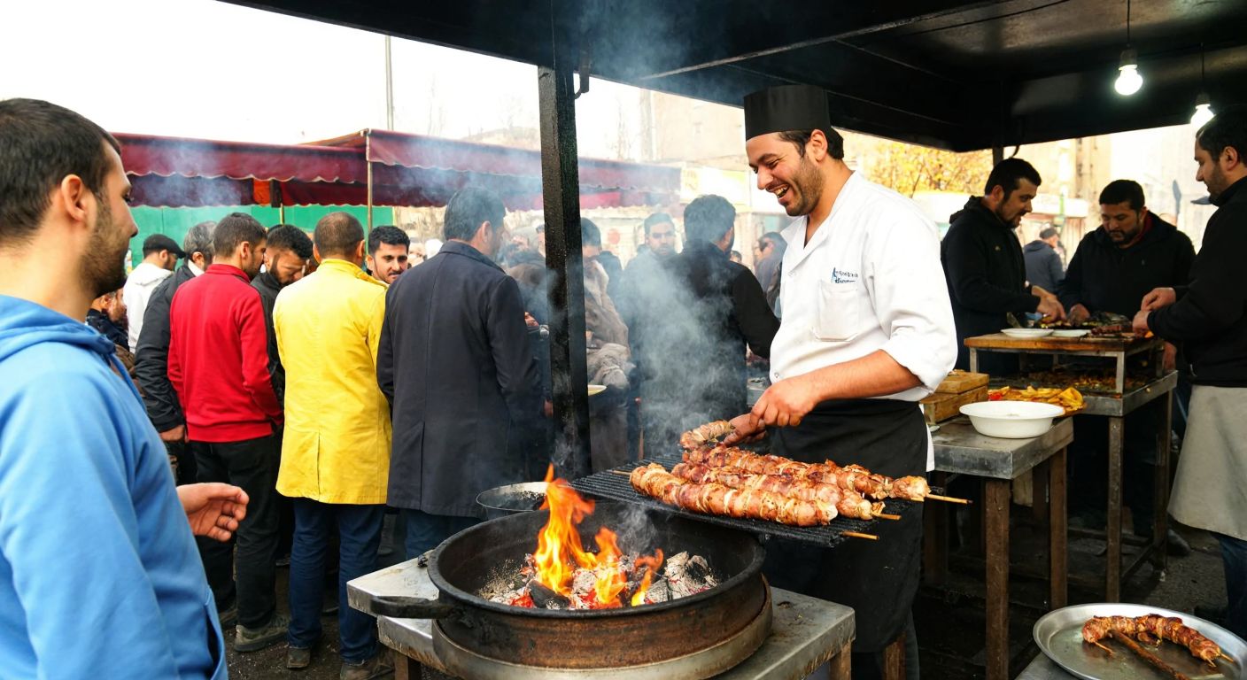 A bustling Erzurum street food stall with a smiling chef grilling sizzling kokoreç over glowing embers, surrounded by eager customers inhaling the smoky aroma.