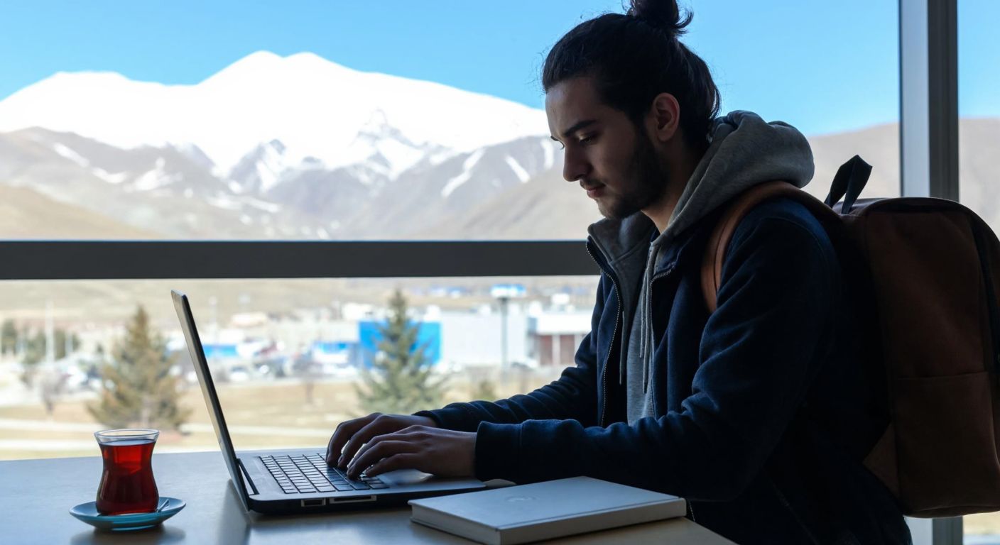 A young student in a modern university campus in Erzurum, wearing a backpack, confidently typing on a laptop near a snow-capped mountain view, with a warm cup of çay on the table.