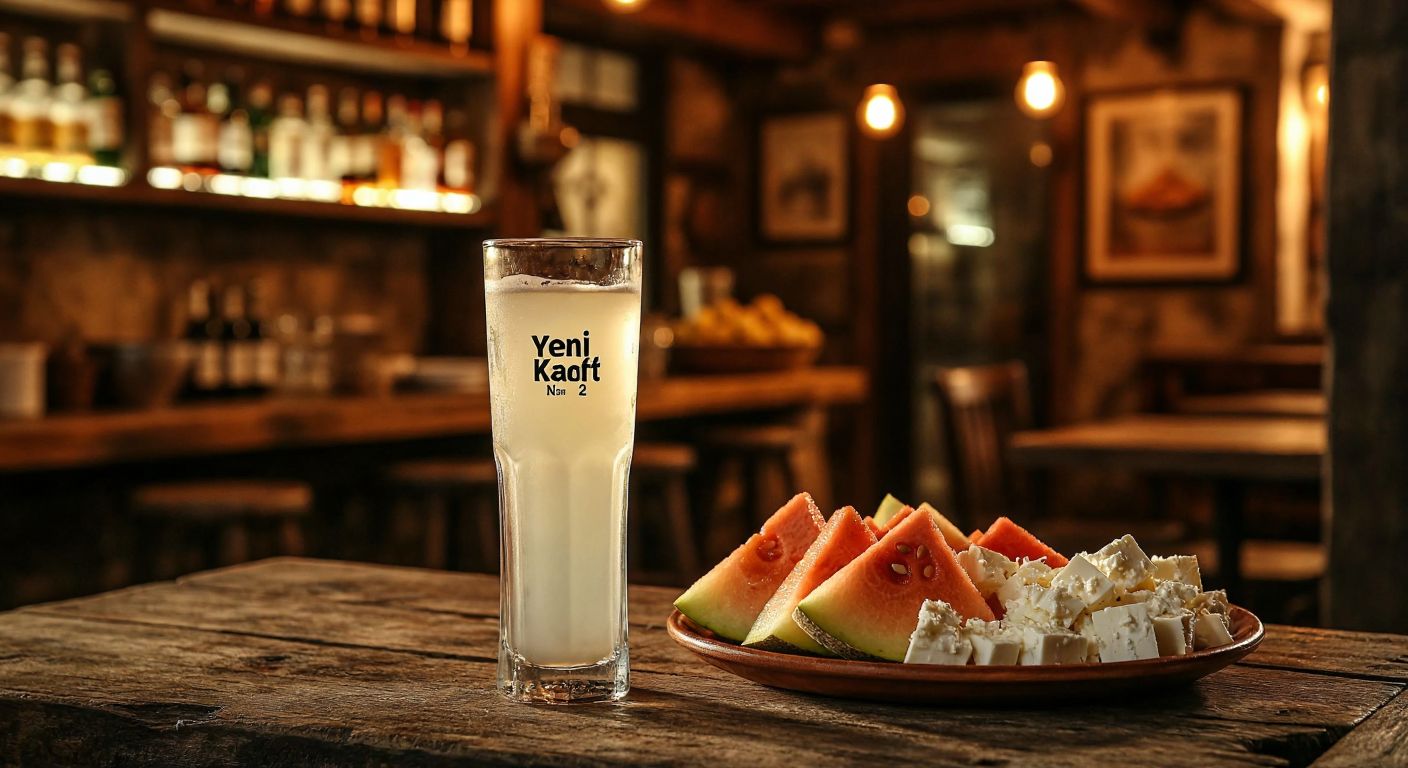 A tall, frosted glass of Yeni Rakı Kraft No.2 sits on a rustic wooden table beside a plate of fresh melon and white cheese, with a backdrop of warm Turkish tavern lighting.