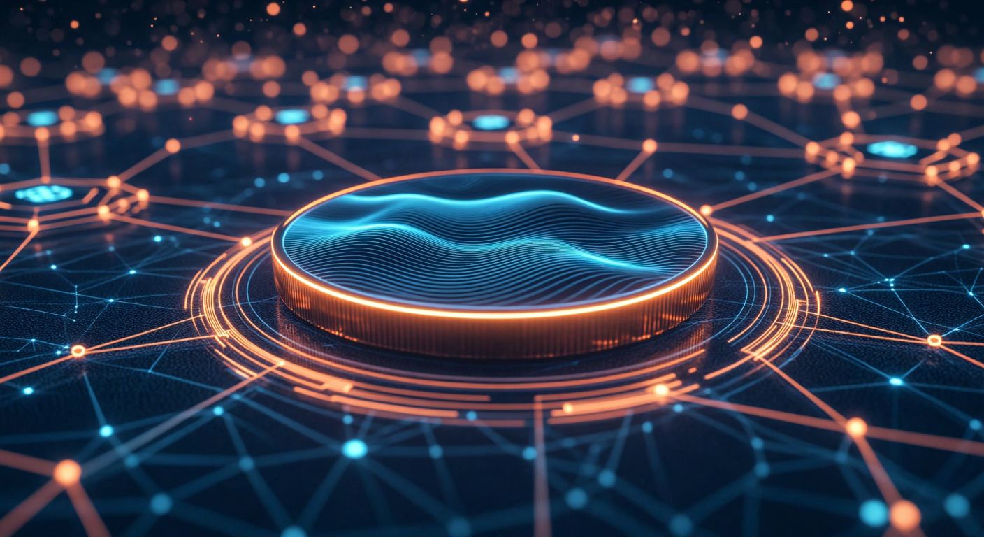 A glowing digital coin with wave-like patterns hovers above a futuristic blockchain network, surrounded by abstract nodes and connections symbolizing decentralized transactions and smart contracts.