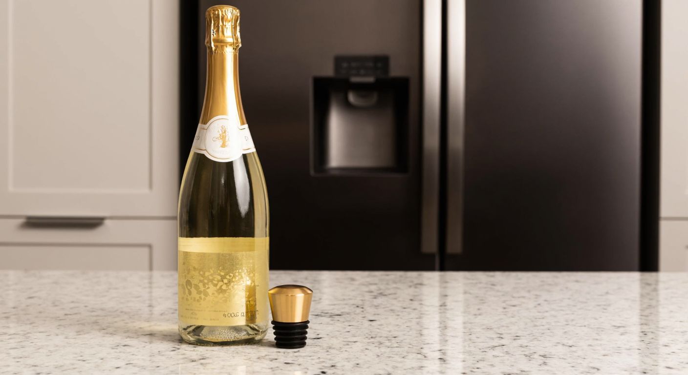 A chilled, half-empty bottle of Prosecco with a sparkling golden liquid inside, resting on a marble countertop beside a sleek wine stopper, with a refrigerator door slightly ajar in the background.