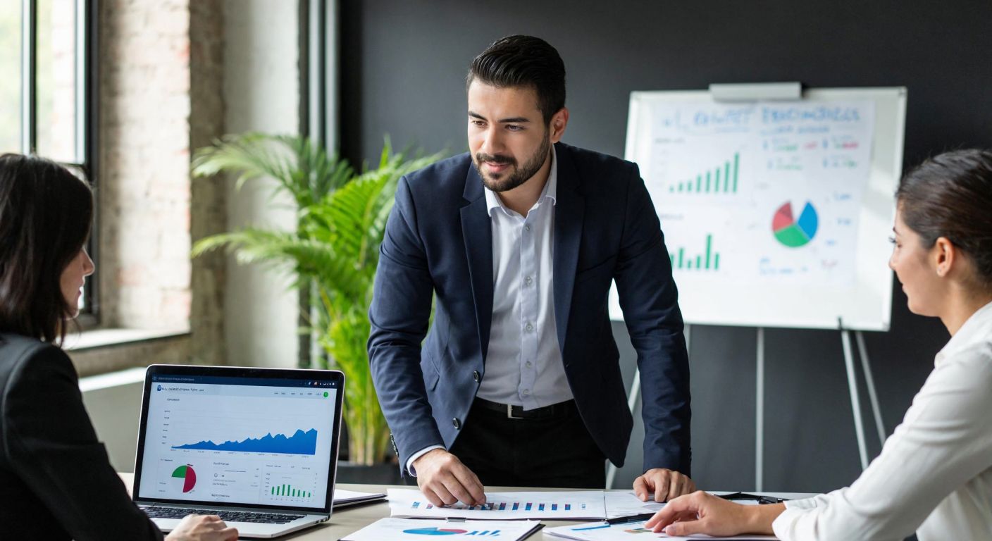 A confident young Turkish business manager in a modern office, reviewing financial charts with a diverse team, while a laptop displays market trends and a whiteboard sketches strategic plans.