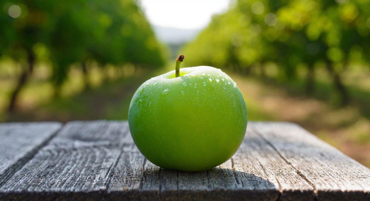 A vibrant green plum with dewdrops resting on a rustic wooden table in a sunlit Turkish orchard, evoking freshness and simplicity.