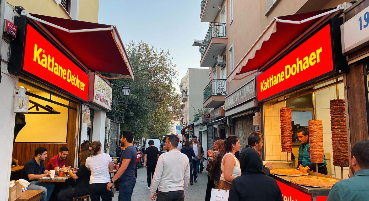 A bustling street in Balatçık, İzmir, with two vibrant döner shops—Katıkhane Döner and Donat Döner—displaying golden, rotating spits of juicy chicken döner, surrounded by eager customers savoring the aroma.
