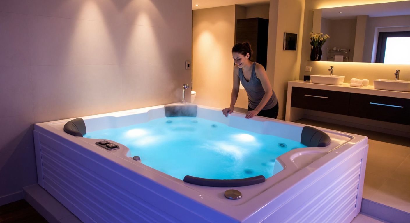 A modern bathroom in Turkey with a sleek, white jacuzzi filled with steaming water, surrounded by soft lighting and a relaxed person adjusting the jets with a content smile.