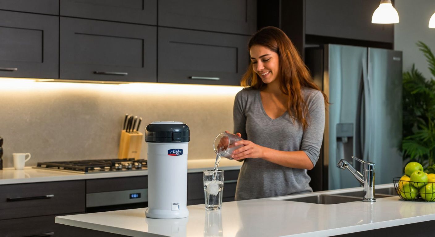 A modern Turkish kitchen with a sleek water filtration system on the counter, its post-carbon filter prominently displayed, while a smiling woman in casual home attire pours a glass of crystal-clear water.
