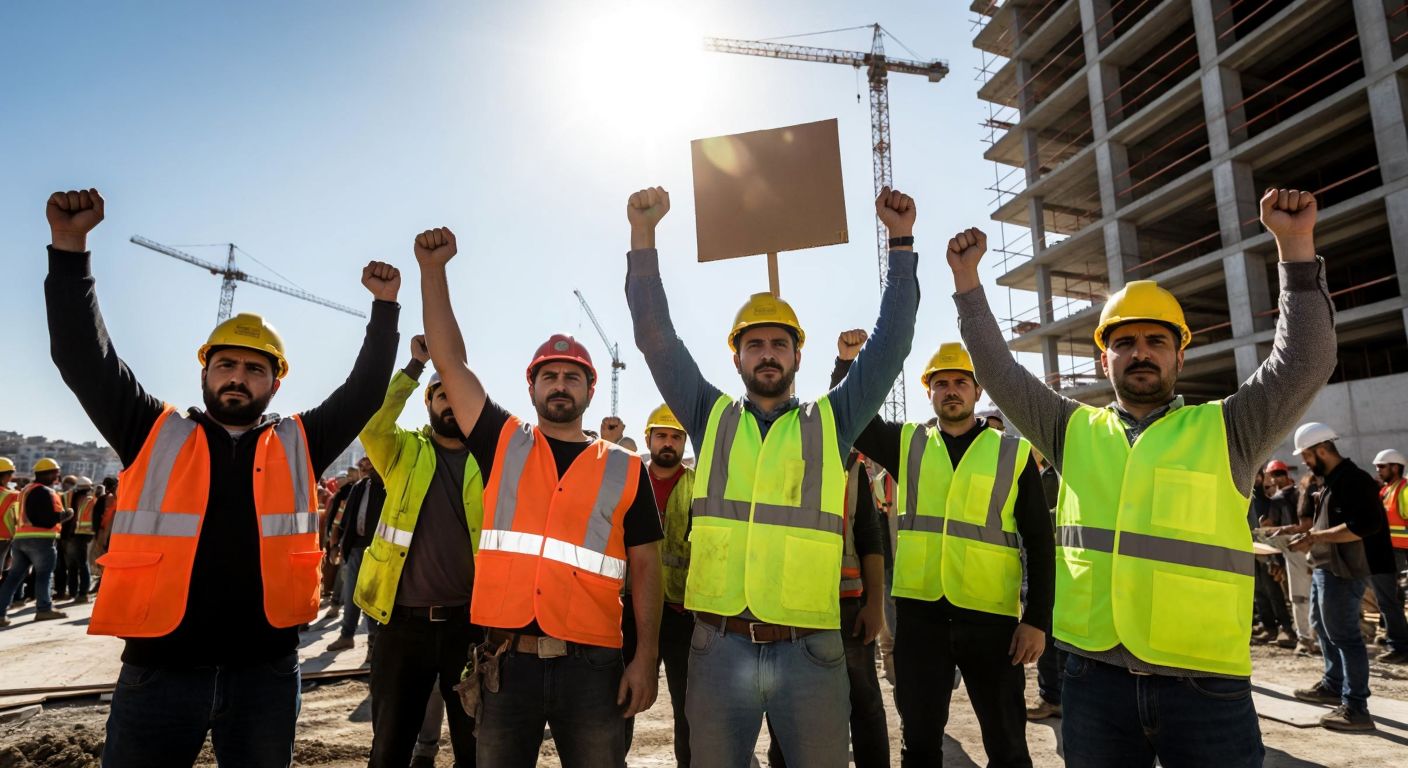 A group of determined construction workers in hard hats and reflective vests stand together on a bustling Turkish construction site, holding protest signs (without text) and raising fists in solidarity under a bright sun.