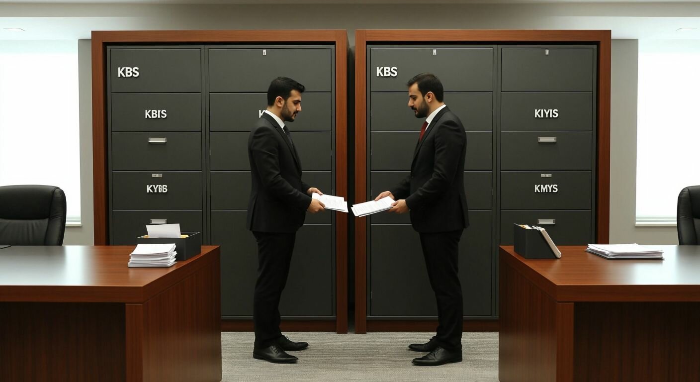 A modern Turkish government office with two interconnected filing cabinets labeled "KBS" and "BKMYBS," where a civil servant in formal attire is transferring documents between them, symbolizing their relationship.