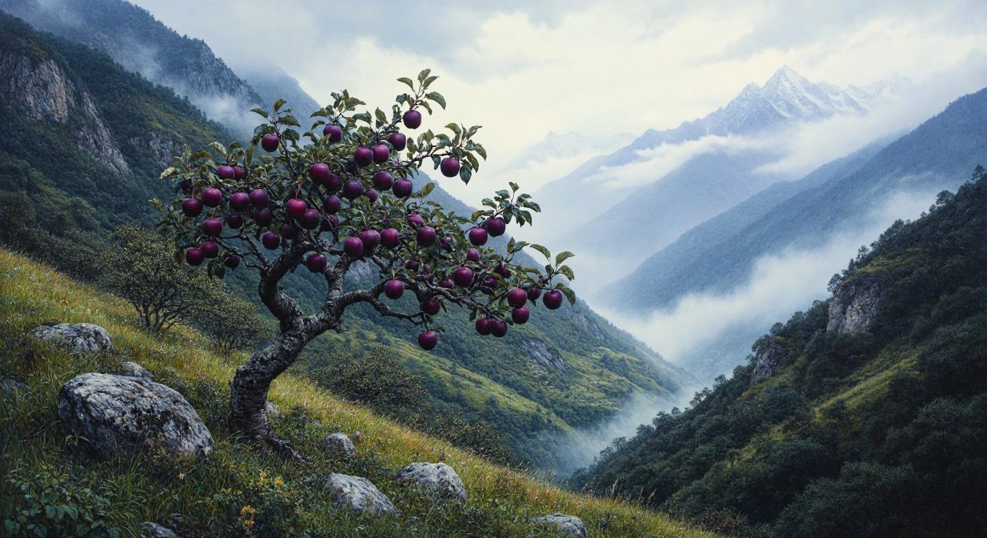 A lush Tibetan mountain landscape with a gnarled apple tree bearing deep purple-black apples under a misty sky.