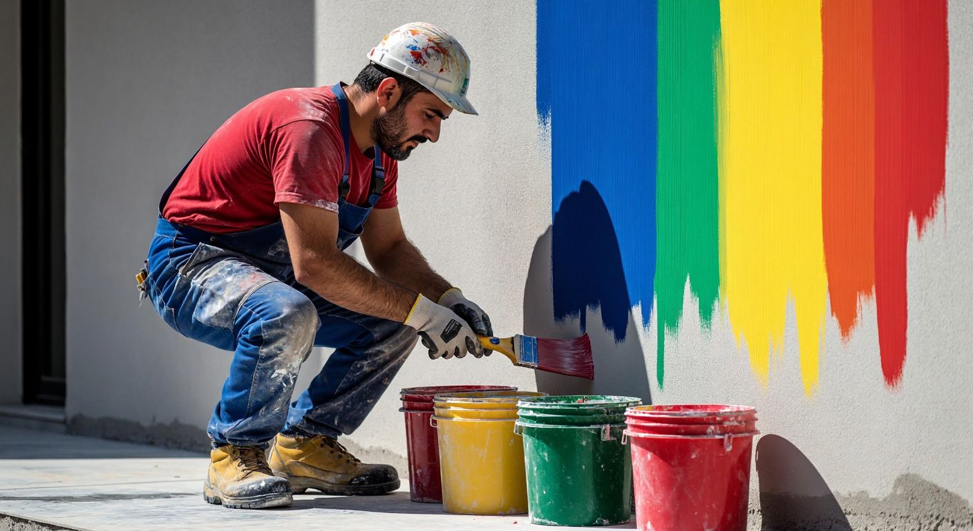 A Turkish worker in overalls carefully applies silikon-based paint to a damp exterior wall under the warm sun, with buckets of different colored paints nearby.