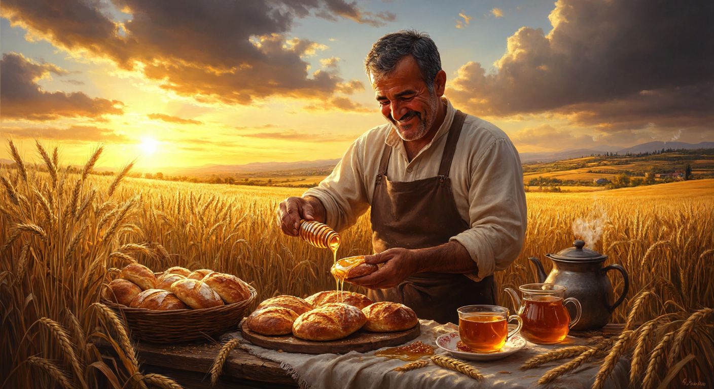 A smiling Turkish farmer in a sunlit field at dawn, pouring golden honey over freshly baked bread while surrounded by ripe wheat and a steaming cup of tea.