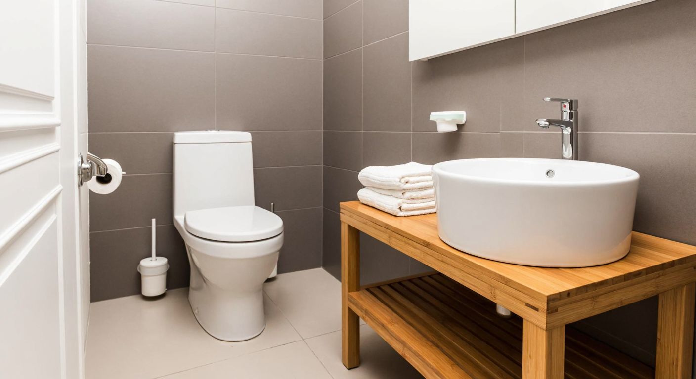 A clean, modern Turkish bathroom with a white toilet placed on the left side, a small ceramic sink to the right, and a neatly folded stack of toilet paper on a wooden shelf nearby, reflecting simplicity and personal preference.