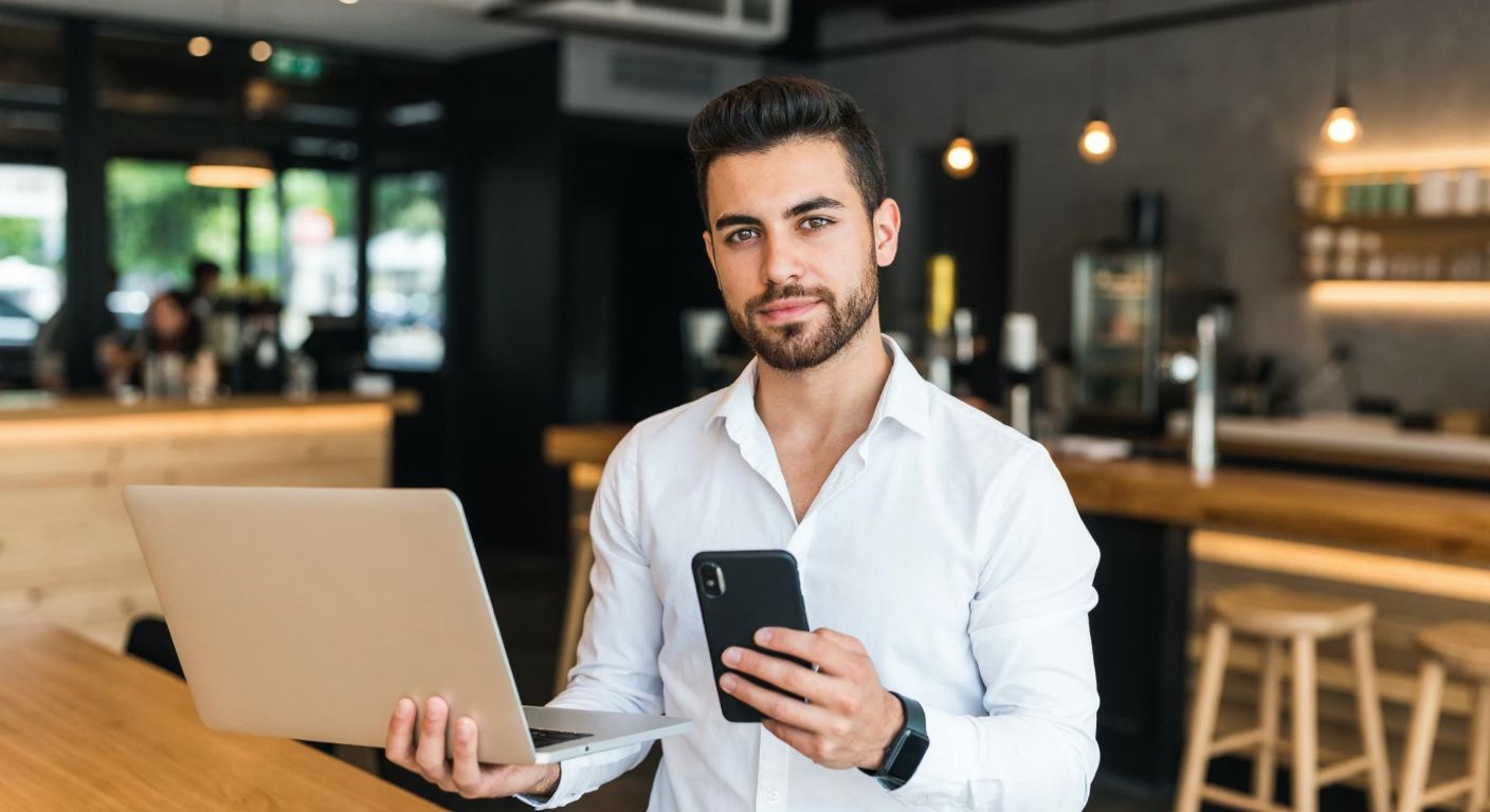 A young Turkish professional in a modern café, holding a smartphone in one hand and a laptop in the other, with a confident and focused expression, symbolizing the distinction between mobile and internet banking platforms.