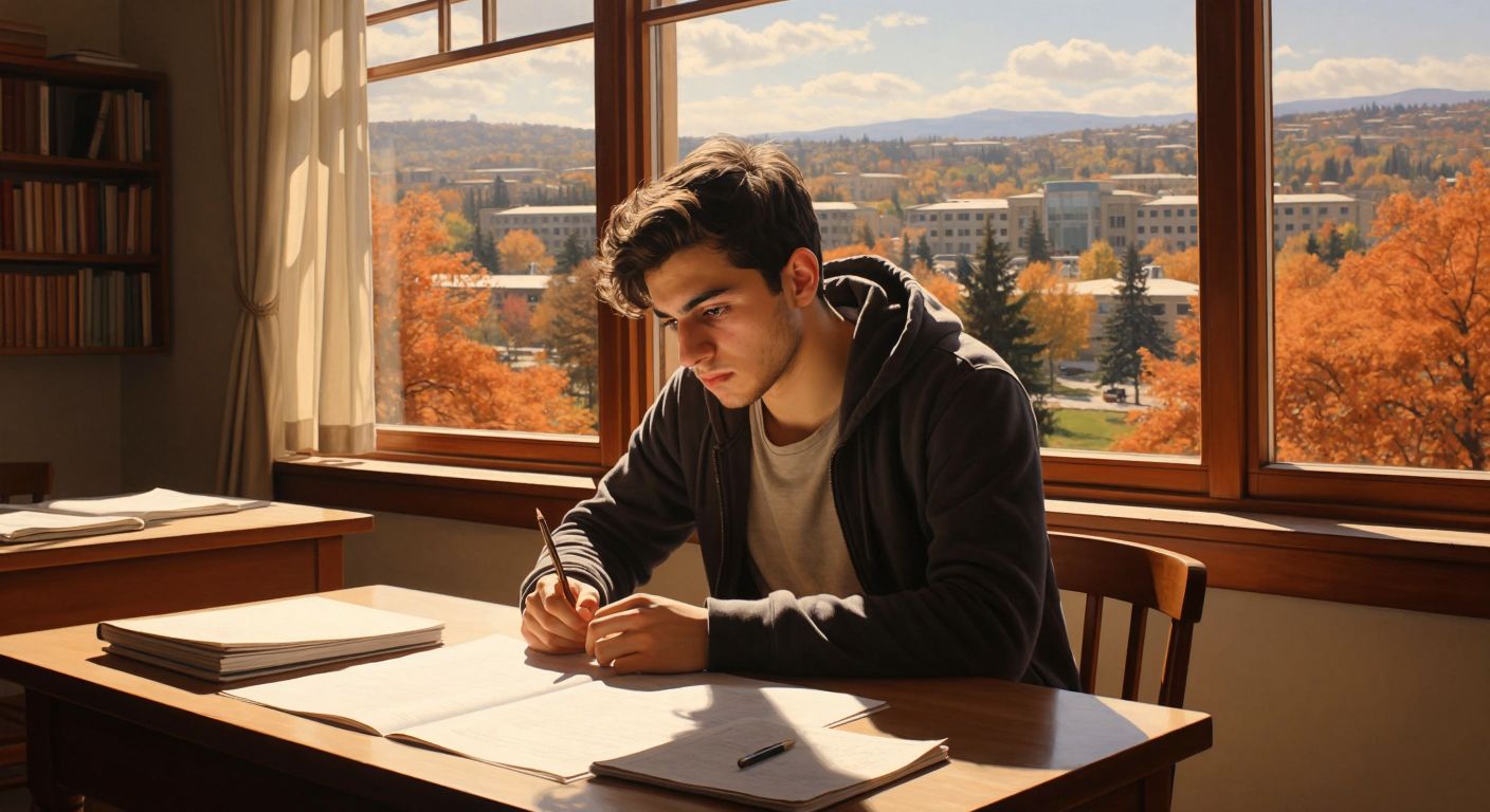 A young Turkish student sits at a wooden desk in a sunlit university classroom, nervously gripping a pen while glancing at a blank exam paper, with a distant view of Fırat University’s campus through the window.
