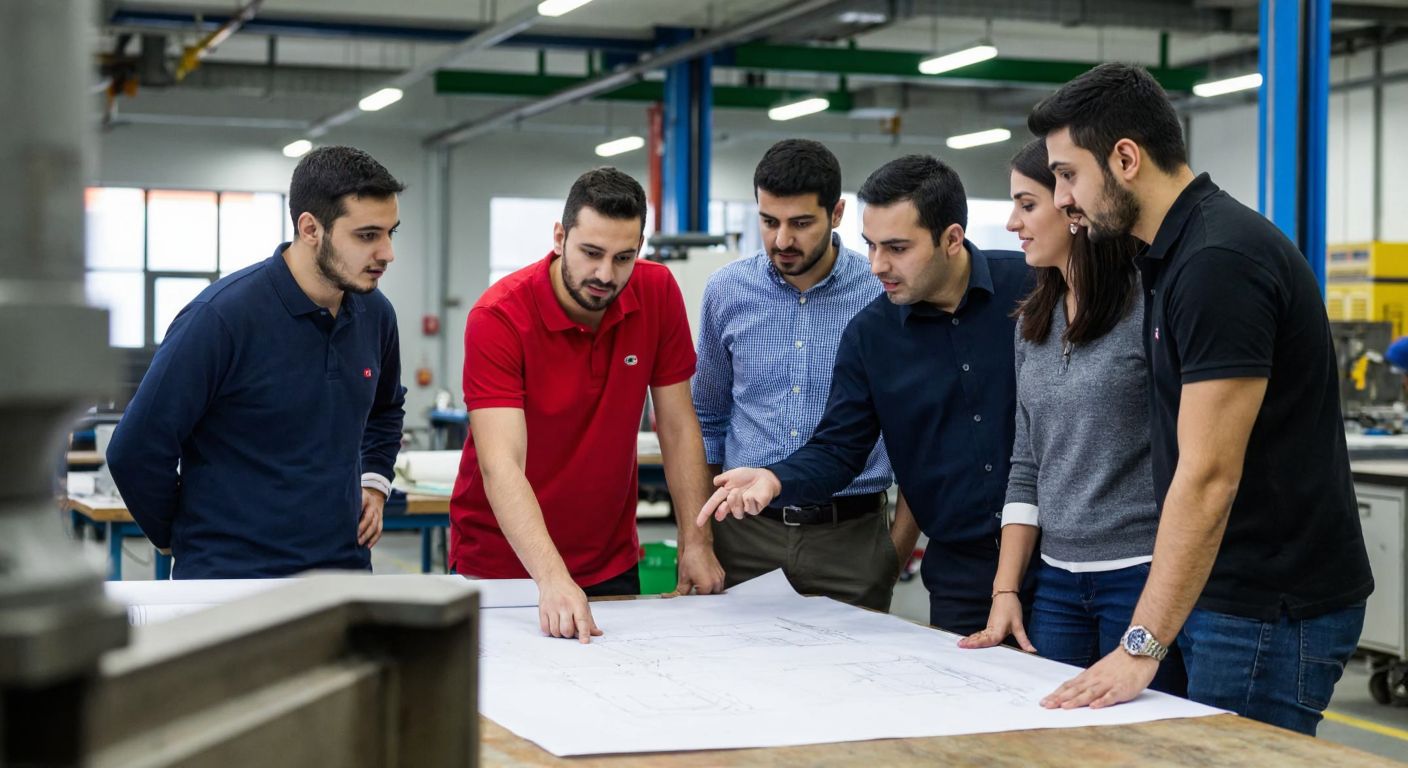 A group of diverse mechanical engineers in Turkey, wearing professional attire, collaborating over blueprints and machinery in a well-lit industrial workshop, with one pointing to a technical diagram while others listen attentively.