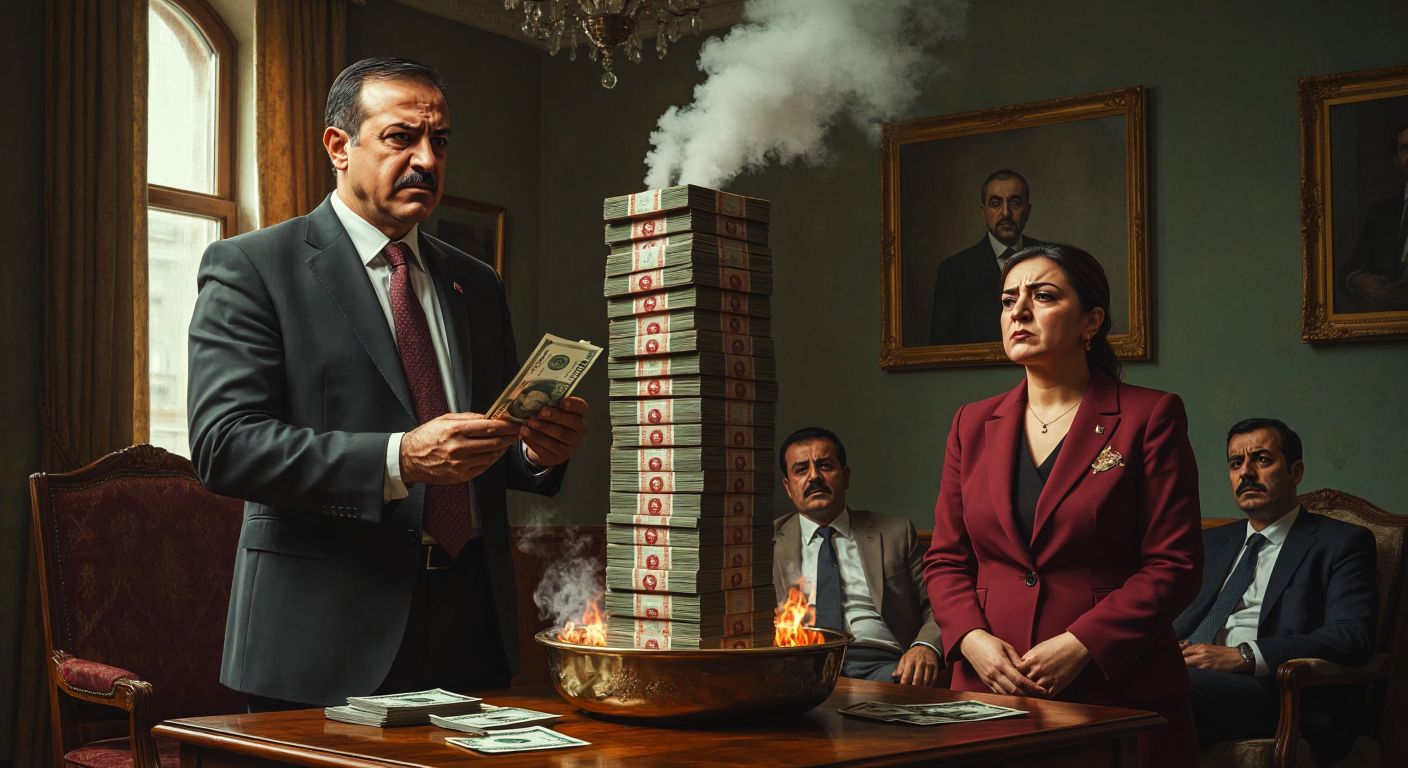 A stern Turkish government official in a suit holds a towering stack of lira bills next to a smoldering ashtray, while a frowning citizen hesitates before a cigarette pack with a steep price tag.