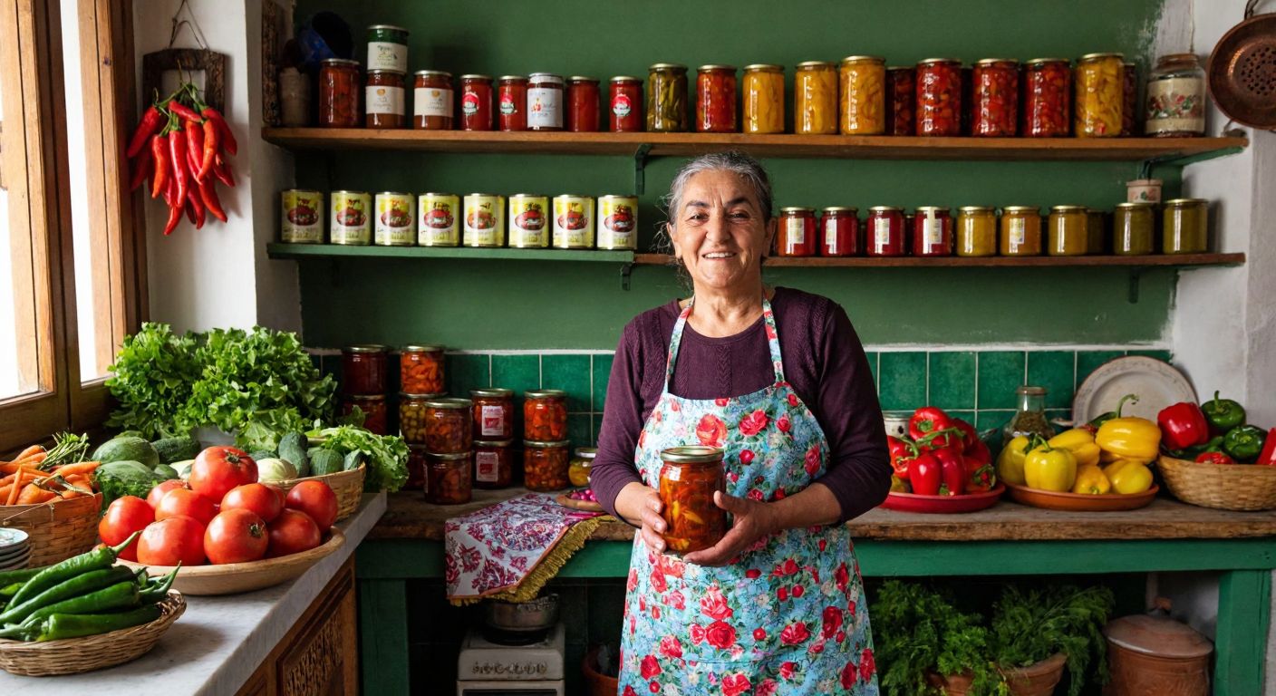A rustic Turkish kitchen scene with shelves lined with colorful **Tamtad** canned goods, fresh vegetables, and a smiling elderly woman in a floral apron holding a jar of homemade preserves.